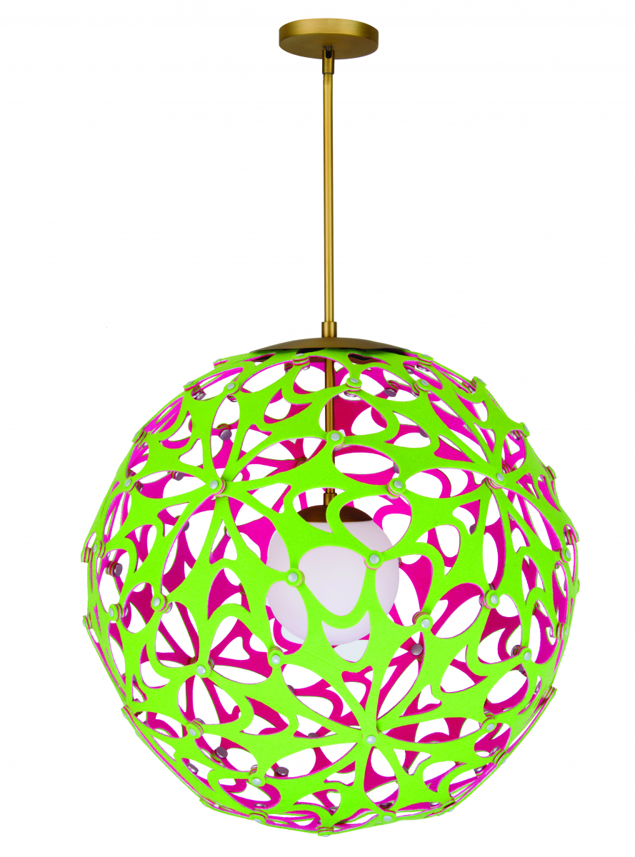 Groovy :: Modern FormsWhat’s noteworthy: Retro looks from the 1960s and ’70s are popular with consumers of all ages from home décor and collectibles to music and movies. This fresh version of a hippie-era pendant has the addition of LED technology plus acoustic noise-deadening properties for open areas.The colorful Groovy pendant can bring an upscale downtown vibe to any setting. This rigid acrylic structure is wrapped in a double layer of acoustic double-layer felt, reducing echo and noise pollution from crowds. A mouth-blown etched opal glass orb is suspended inside with aluminum hardware.There is a choice of 6 dual color combinations: Black/Gold and Gold/Black; Cream/Blue and Blue/Cream; and Green/Pink and Pink/Green (the color combinations are also reversible). Available in 24-, 36-, and 48-inch widths, Groovy operates via a universal voltage driver (120V-220V-277V) so it can dim with an electronic low voltage, Triac, or 0-10V dimmer. www.modernforms.com