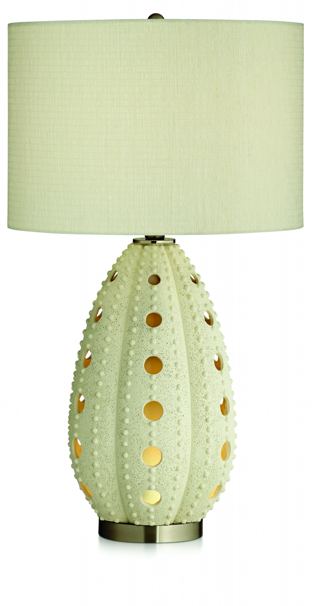 Sea Urchin Lamp :: Pacific CoastWhat’s noteworthy: Coastal looks remain strong in all regions of the country because of its neutral, soothing palette that can suit many modern environments.  A Natural Coral finish lends distinction to the 29''-high Sea Urchin table lamp, which is further accented by a Brushed Nickel metal base and a grass shade. It has a 4-position switch and contains an LED nightlight inside the base. www.pacificcoastlighting.com